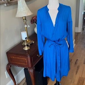 Current Air Blue Silky Tie Sash Dress Long Sleeve Midi New